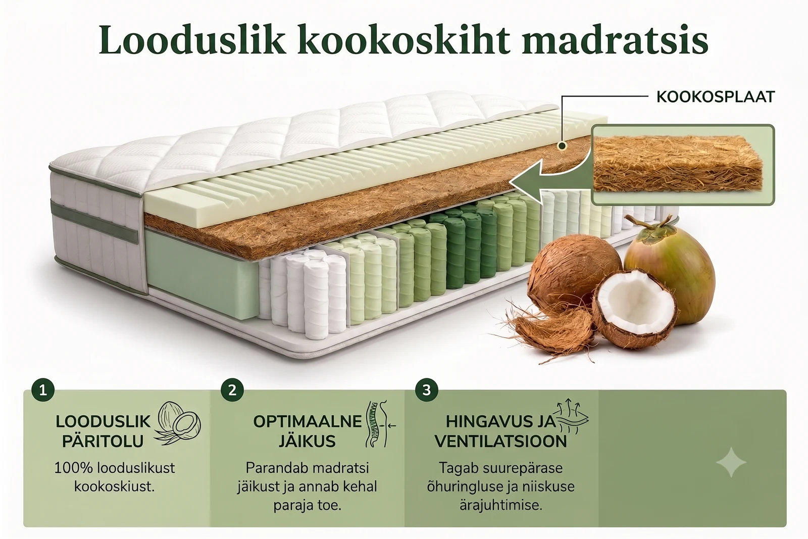 Madratsi läbilõige kookoskihi ja pocket-vedrustusega
